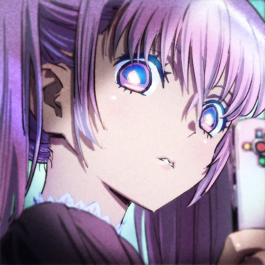 1girl bangs blue_eyes blurry blurry_foreground controller copyright_name copyright_request depth_of_field dress from_side highres holding looking_at_viewer looking_to_the_side multicolored multicolored_eyes nazoani_museum portrait purple_dress purple_hair remote_control solo twintails violet_eyes wide-eyed