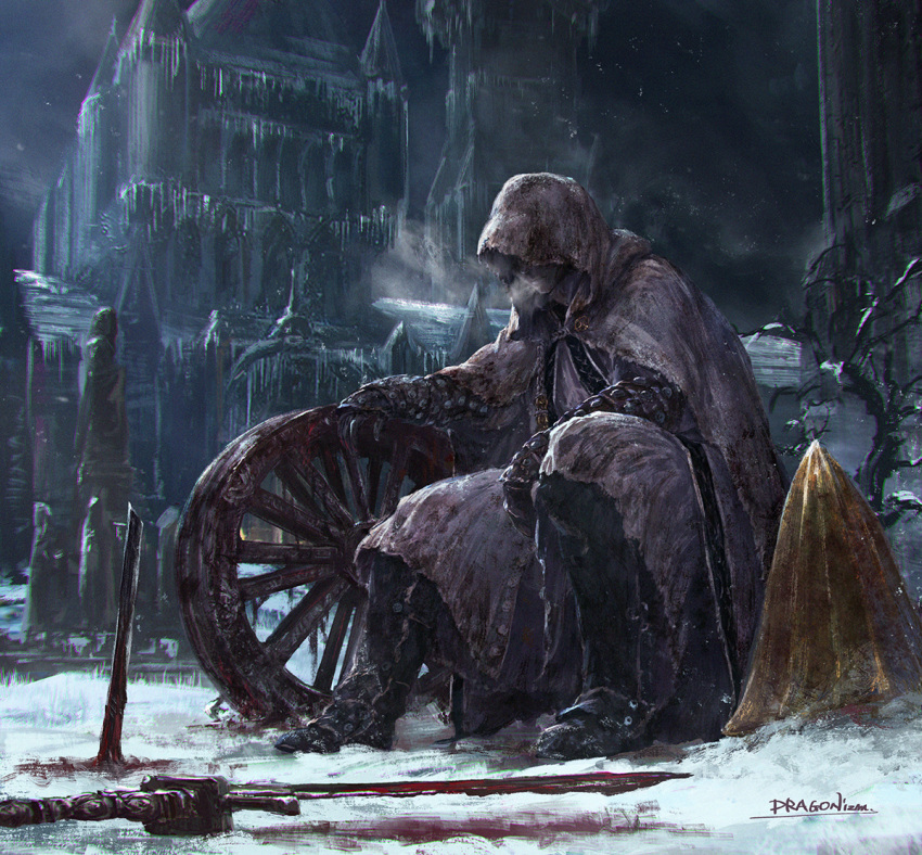 1boy blood blood_on_snow bloodborne bloody_weapon blurry boots breath building cloak cold cone courtyard depth_of_field dragonizm full_body hidden_face icicle ivy night signature sitting snow solo statue sword weapon wheel