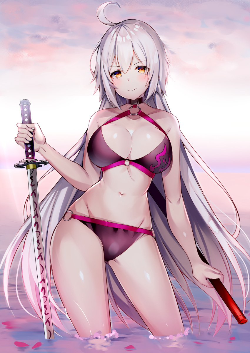 1girl absurdres ahoge aozora_nan bangs bare_arms bare_shoulders bikini blush breasts brown_eyes cleavage closed_mouth clouds cloudy_sky commentary_request eyebrows_visible_through_hair fate/grand_order fate_(series) groin hair_between_eyes highres holding holding_sword holding_weapon horizon jeanne_d'arc_(alter_swimsuit_berserker) jeanne_d'arc_(fate)_(all) katana large_breasts long_hair looking_at_viewer navel o-ring o-ring_bikini o-ring_bottom o-ring_top outdoors petals petals_on_liquid purple_bikini silver_hair sky smile solo standing swimsuit sword very_long_hair wading water weapon