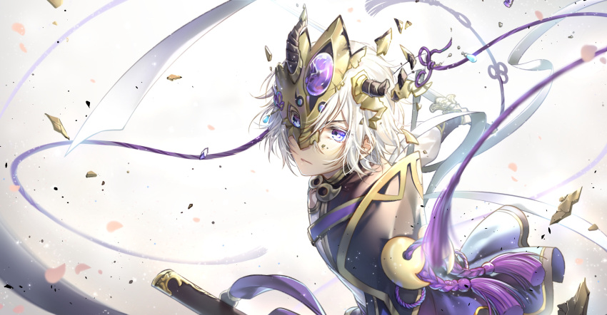 1boy absurdres blue_eyes dual_wielding fate/grand_order fate_(series) gao_changgong_(fate) gloves highres holding holding_sword holding_weapon horned_headwear kingchenxi looking_at_viewer male_focus mask shattering short_hair silver_hair solo sword weapon