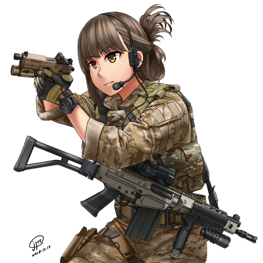 1girl aiming assault_rifle brown_hair camouflage commentary gloves gun handgun headset highres holding holding_gun holding_weapon holster jpc load_bearing_vest military original pistol rifle solo watch watch weapon weapon_request white_background yellow_eyes