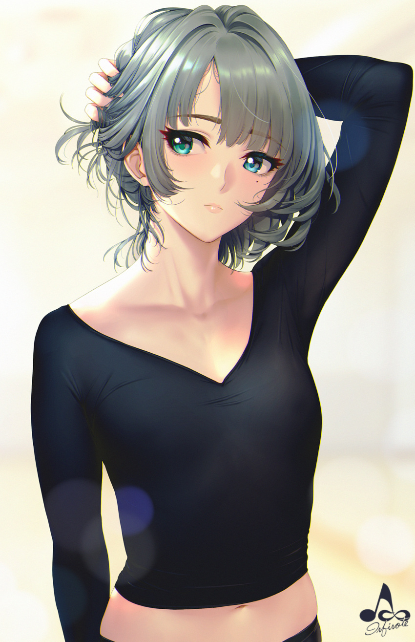 1girl arm_up artist_logo bangs black_shirt blue_eyes blush breasts cleavage closed_mouth collarbone eyebrows_visible_through_hair green_eyes green_hair hand_behind_head heterochromia highres idolmaster idolmaster_cinderella_girls infinote lips long_sleeves looking_to_the_side midriff mole mole_under_eye navel shirt short_hair simple_background small_breasts solo takagaki_kaede upper_body white_background