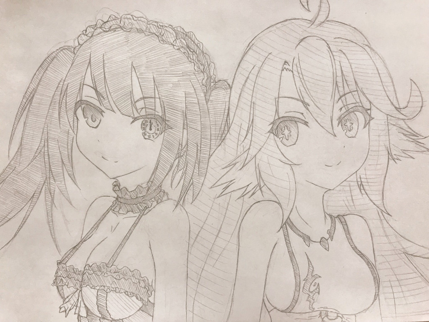 2girls bare_shoulders breasts clock_eyes closed_mouth commentary_request crop_top cross crossover date_a_live dress gothic_lolita hairband highres jibril_(no_game_no_life) large_breasts lolita_fashion lolita_hairband long_hair medium_breasts monochrome multiple_girls no_game_no_life sideboob sketch smile symbol-shaped_pupils tokisaki_kurumi twintails very_long_hair wing_ears yamaneko_(white_collar46)