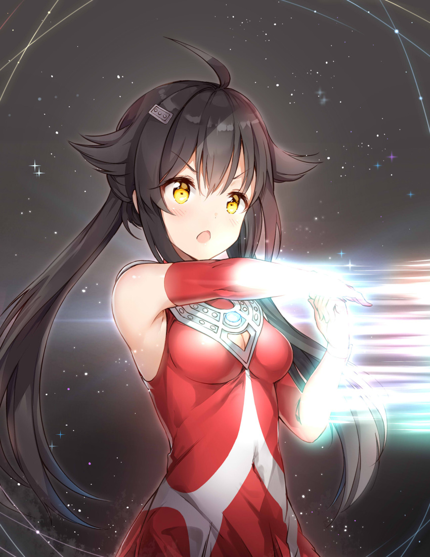 1girl :o absurdres ahoge arm_up attack bangs bare_shoulders black_background black_hair blush breasts cleavage cleavage_cutout covered_navel diffraction_spikes dress elbow_gloves eyebrows_visible_through_hair gem gloves glowing hair_between_eyes hair_flaps hair_ornament hairclip hand_up highres humanization light_particles long_hair looking_away medium_breasts open_mouth own_hands_together red_dress red_gloves shiny shiny_hair sidelocks sleeveless sleeveless_dress solo sparkle standing taro_(ultrataro) twintails ultraman_tarou ultraman_tarou_(series) v-shaped_eyebrows yellow_eyes