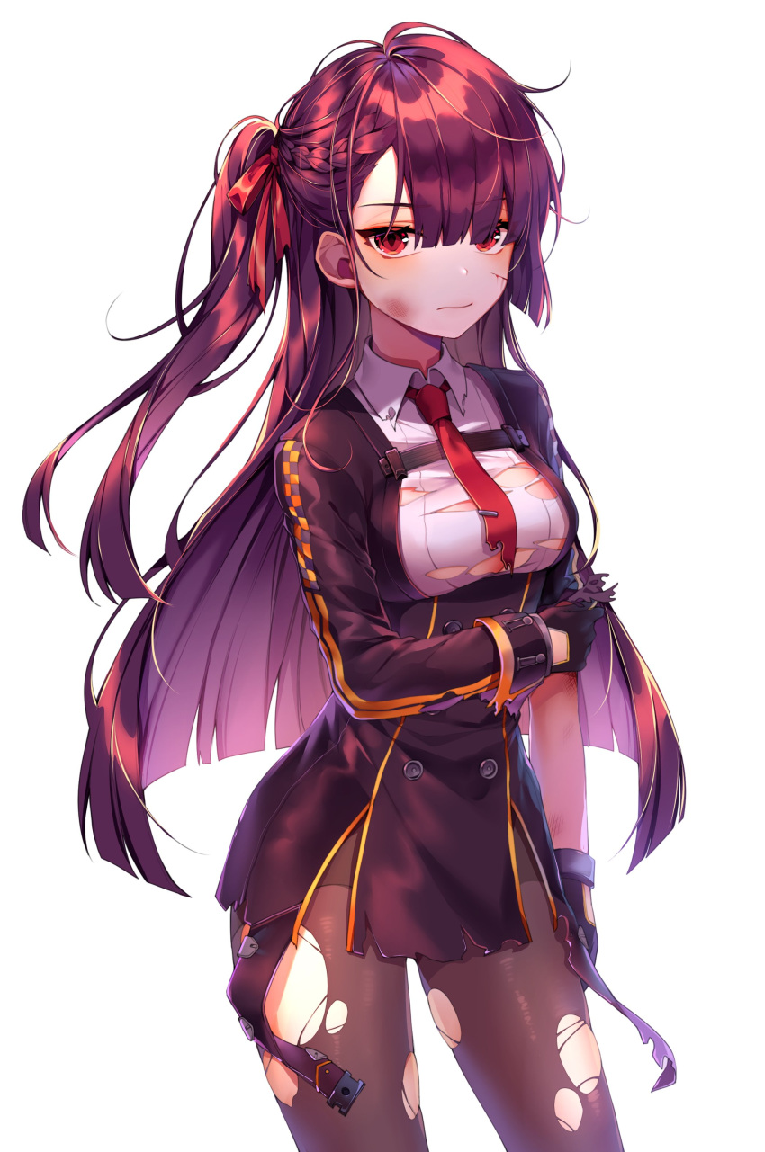 1girl absurdres bangs black_legwear black_skirt blazer bleeding blood blush braid breasts bruise closed_mouth collared_shirt cowboy_shot damaged double-breasted eyebrows_visible_through_hair french_braid girls_frontline gloves ha_youn hair_ribbon half_updo high-waist_skirt highres holding_arm injury jacket large_breasts long_hair looking_at_viewer necktie one_side_up pantyhose pelvic_curtain purple_hair red_eyes red_neckwear red_ribbon ribbon shirt sidelocks simple_background skirt solo strap thighband_pantyhose torn_clothes tsurime very_long_hair wa2000_(girls_frontline) white_background white_shirt