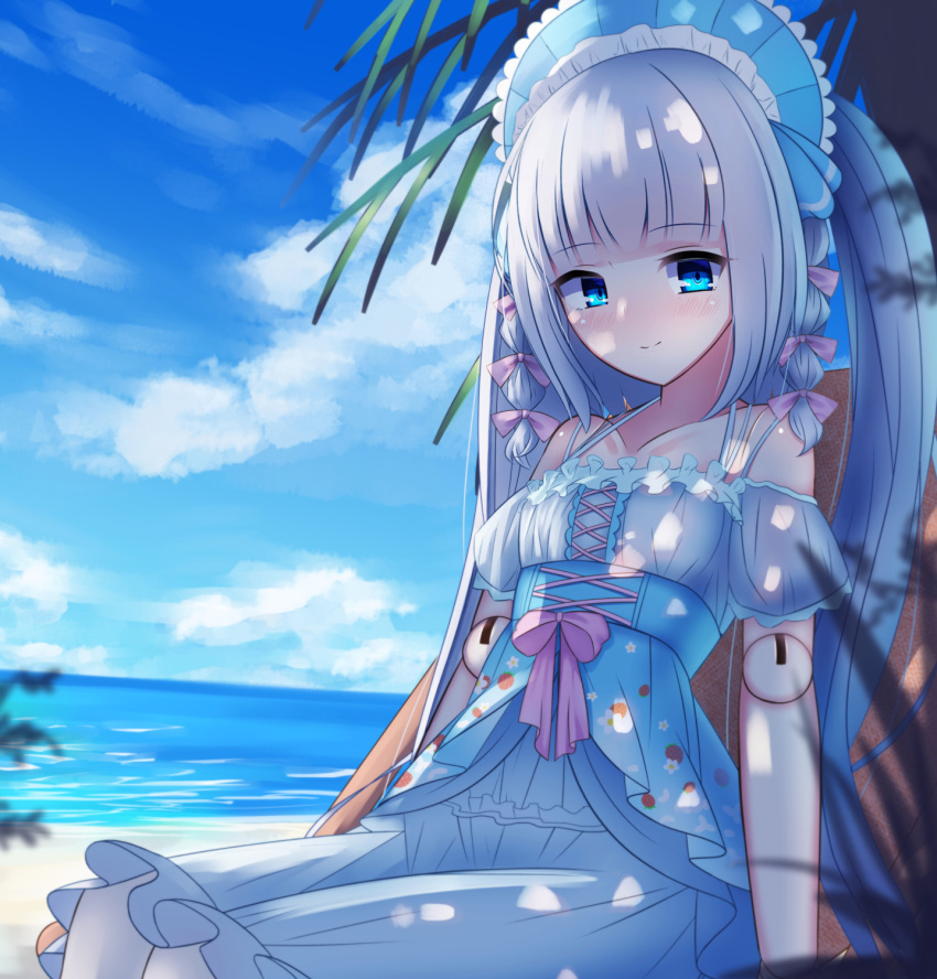 1girl bare_shoulders blue_eyes bonnet clouds doll_joints eyebrows_visible_through_hair frills hair_ribbon highres looking_at_viewer ocean original ribbon ruri_manato smile twintails virtual_youtuber white_hair