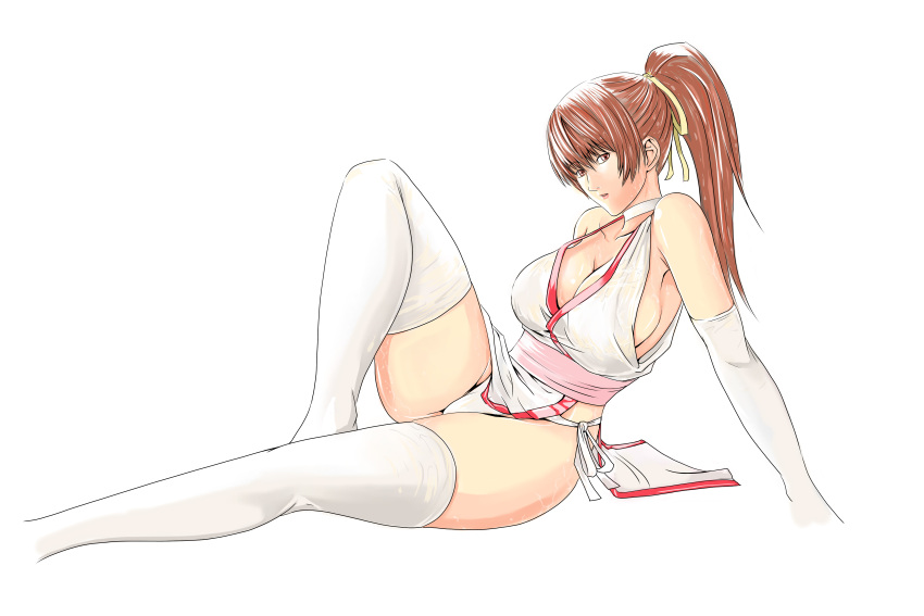 1girl absurdres bangs bare_shoulders breasts brown_eyes brown_hair closed_mouth dead_or_alive detached_sleeves eyebrows_visible_through_hair high_ponytail highres japanese_clothes kasumi_(doa) knee_up long_hair looking_at_viewer medium_breasts ninja obi panties pantyshot pelvic_curtain ponytail revealing_clothes ribbon sash side-tie_panties simple_background sitting solo thigh-highs underwear user_tggn7272 white_background white_legwear