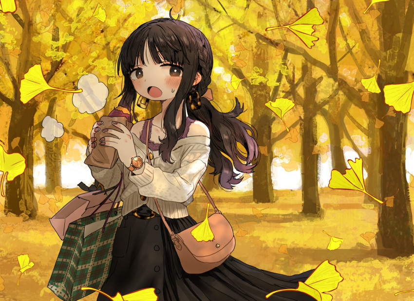 1girl autumn_leaves bag black_hair blush braid brown_eyes commentary_request earrings eating food french_braid handbag holding holding_food jewelry off_shoulder original outdoors ponytail shopping_bag sidelocks solo steam sweet_potato tree watch watch yakiimo zinbei