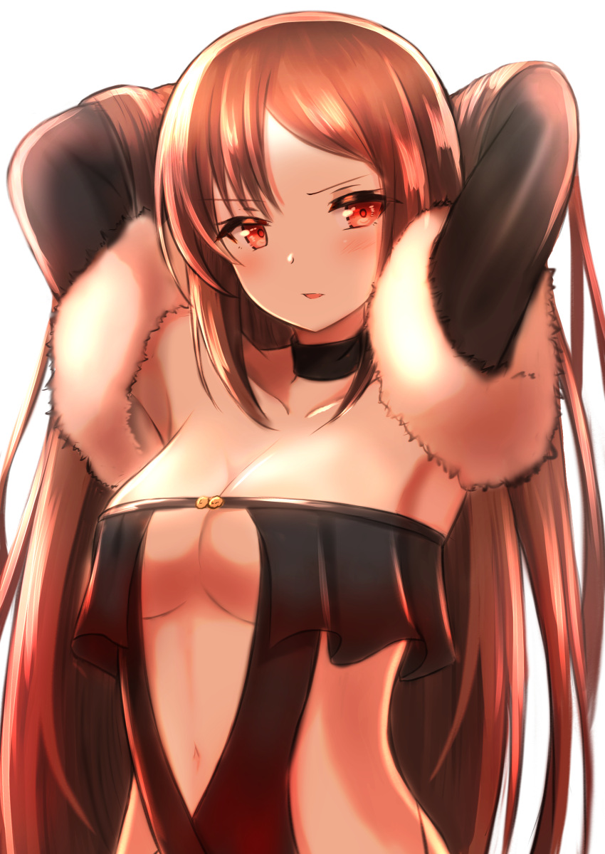 1girl absurdres asymmetrical_bangs bangs black_choker black_dress blush breasts brown_hair choker cleavage collarbone commentary_request consort_yu_(fate) dress eyebrows_visible_through_hair fate/grand_order fate_(series) fur_trim head_tilt highres long_hair medium_breasts navel parted_lips red_eyes shibakame simple_background solo strapless strapless_dress very_long_hair white_background