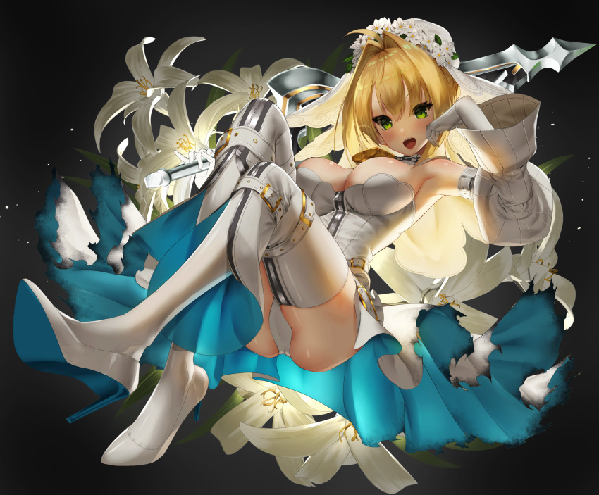 1girl :d absurdres aestus_estus ahoge bangs blonde_hair blush boots breasts cleavage commentary_request detached_sleeves eyebrows_visible_through_hair fate/grand_order fate_(series) flower full_body gloves green_eyes hair_between_eyes hair_intakes hand_up head_tilt high_heel_boots high_heels highres holding holding_sword holding_weapon juliet_sleeves large_breasts leotard long_hair long_sleeves looking_at_viewer nero_claudius_(bride)_(fate) nero_claudius_(fate)_(all) open_mouth puffy_sleeves round_teeth shoe_soles sidelocks smile solo strapless strapless_leotard sukocchi sword teeth thigh-highs thigh_boots upper_teeth weapon white_flower white_footwear white_gloves white_legwear white_leotard white_sleeves wide_sleeves zipper_pull_tab