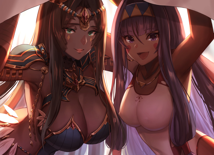 2girls animal_ears arm_up arm_wrap armlet armpits bandage bandaged_arm bandages bangs bare_shoulders black_hair blanket blue_armor blunt_bangs blush breastplate breasts chains circlet closed_mouth collarbone commentary_request dark_skin dolce_(dolsuke) earrings facepaint facial_mark fate/grand_order fate_(series) feathers forehead_jewel green_eyes hair_between_eyes hair_tubes hairband highres hoop_earrings jackal_ears jewelry large_breasts long_hair looking_at_viewer low-tied_long_hair multiple_girls necklace nitocris_(fate/grand_order) nitocris_(swimsuit_assassin)_(fate) one-piece_swimsuit open_mouth parted_bangs pauldrons purple_hair revision scheherazade_(fate/grand_order) sidelocks smile swimsuit very_long_hair violet_eyes white_swimsuit
