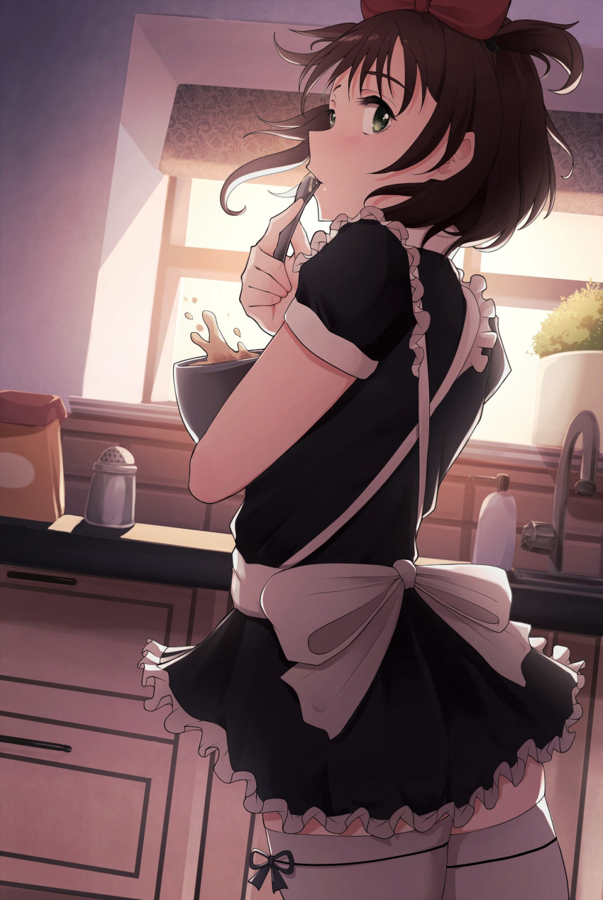 1girl absurdres apron baking black_dress bow breasts brown_hair commentary commission dress flour frills green_eyes gueya hair_bow highres hiroishi_rin indoors kitchen looking_at_viewer looking_back maid maid_apron red_bow sink solo spoon standing tasting thigh-highs utensil_in_mouth white_legwear window zettai_shougeki