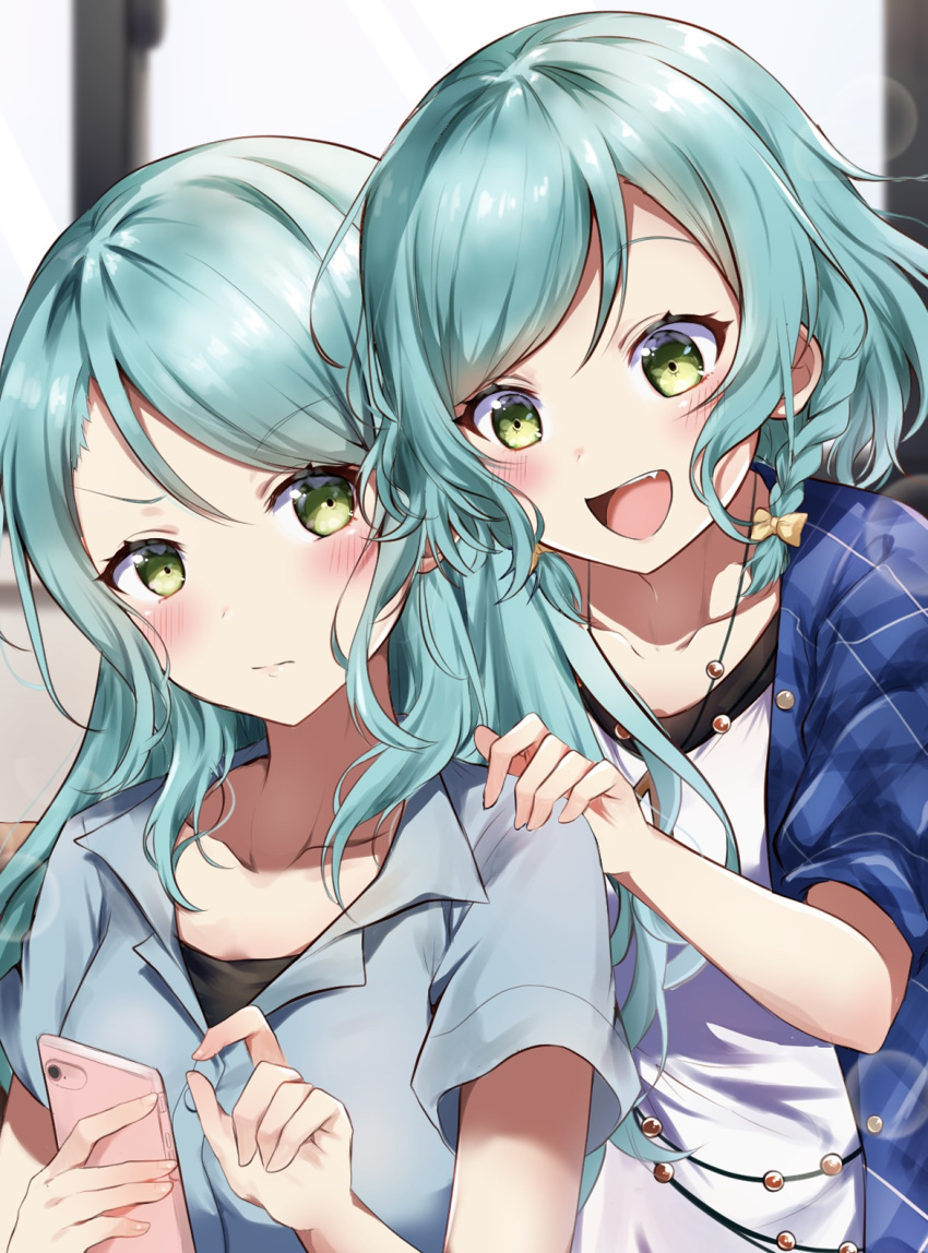 2girls :d aqua_hair bang_dream! blue_shirt blush bow cellphone collarbone fang frown green_eyes hair_bow hand_on_another's_shoulder highres hikawa_hina hikawa_sayo holding holding_phone jewelry long_hair mia_(fai1510) multiple_girls necklace open_mouth phone plaid plaid_shirt shirt short_hair short_sleeves siblings side_braids sisters smartphone smile twins upper_body v-shaped_eyebrows white_shirt yellow_bow