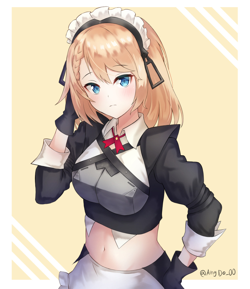 1girl absurdres angdo_(kakajo26) apron armor bangs black_gloves blonde_hair blue_eyes blush braid breasts collared_shirt cropped_shirt eyebrows_visible_through_hair g36_(girls_frontline) girls_frontline gloves hair_between_eyes hand_on_hip hand_on_own_head highres looking_at_viewer maid maid_headdress medium_breasts medium_hair midriff mod3_(girls_frontline) navel shirt sidelocks solo tsurime twitter_username two-tone_background upper_body