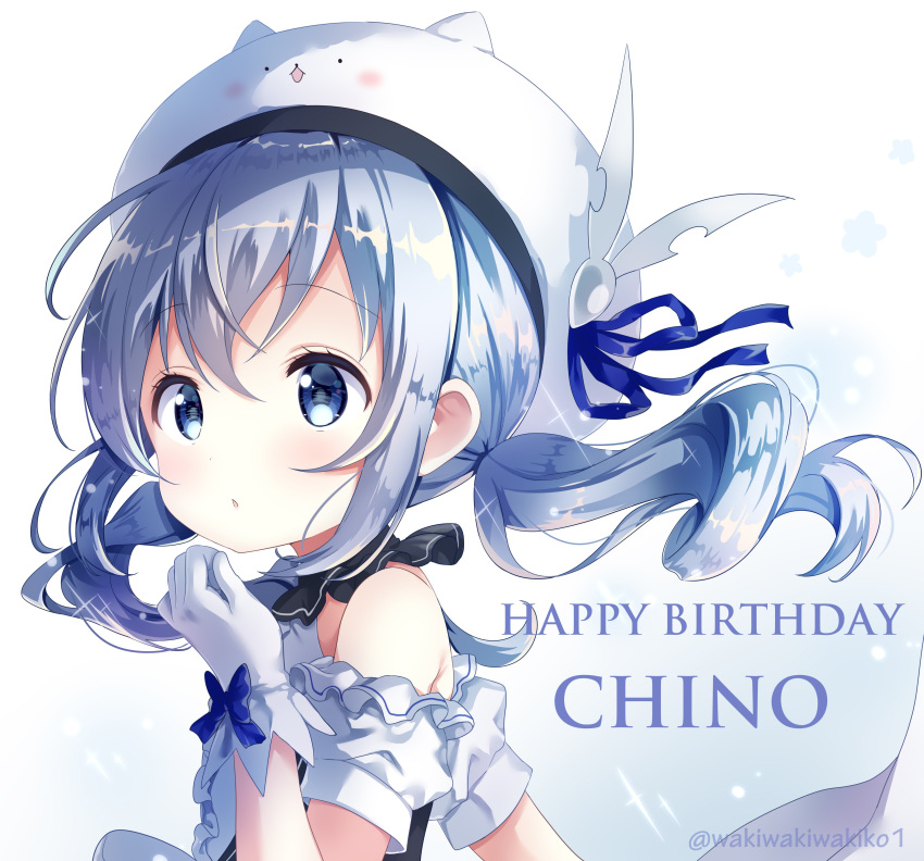 1girl absurdres blue_eyes blue_hair blue_ribbon character_name commentary_request detached_sleeves drill_hair gloves gochuumon_wa_usagi_desu_ka? happy_birthday hat hat_ribbon highres kafuu_chino neki_(wakiko) puffy_detached_sleeves puffy_sleeves ribbon simple_background solo twintails twitter_username upper_body white_background white_gloves