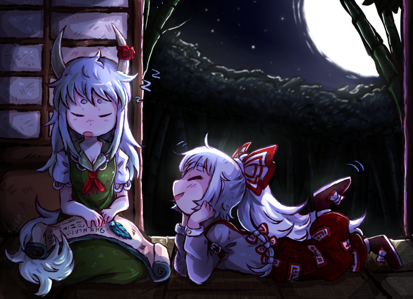 2girls bamboo bamboo_forest bow closed_mouth commentary dress english_commentary ex-keine forest fujiwara_no_mokou full_moon green_dress hair_bow highres horn_ribbon horns huge_filesize indoors kamishirasawa_keine long_hair lying moon multiple_girls nature night night_sky ofuda on_stomach pants puffy_short_sleeves puffy_sleeves quill red_footwear red_pants red_ribbon ribbon scroll seiza shirt shoe_bow shoes short_eyebrows short_sleeves sitting sky sleep_(isliping) sleeping sliding_doors smile tail tatami thick_eyebrows touhou white_bow white_hair white_shirt zzz