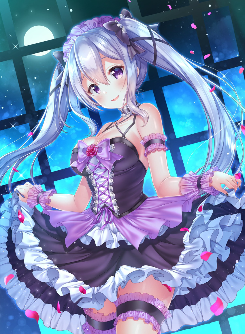 1girl :d aoba_chise aoba_project arm_garter bangs bare_shoulders black_bow black_choker black_nails black_ribbon blush bow breasts choker cleavage collarbone corset cowboy_shot cross-laced_clothes flower frilled_cuffs full_moon glint hair_between_eyes hair_bow hair_ribbon head_tilt headdress highres indoors lace_trim layered_skirt leg_garter light_particles long_hair looking_at_viewer medium_breasts miniskirt moon nail_polish night night_sky open_mouth petals pink_flower purple_bow purple_skirt ribbon rose sakura_moyon sidelocks silver_hair skirt skirt_hold sky smile solo spaghetti_strap standing twintails violet_eyes window wrist_cuffs