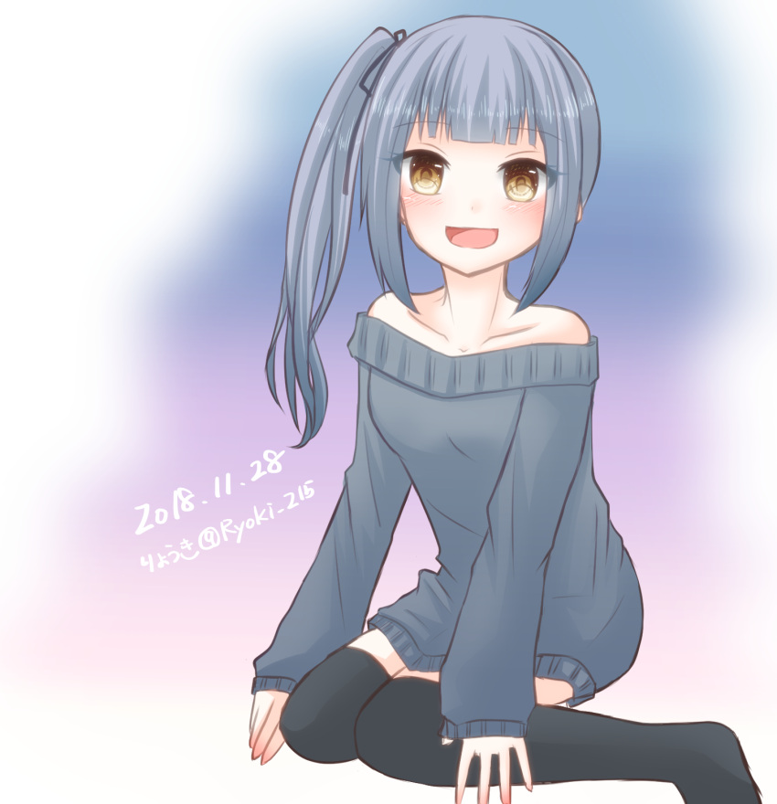 1girl :d alternate_costume brown_eyes casual collarbone dated eyebrows_visible_through_hair grey_sweater highres kantai_collection kasumi_(kantai_collection) kneeling long_hair long_sleeves open_mouth ryouki_(34388923) side_ponytail silver_hair smile solo sweater thigh-highs twitter_username