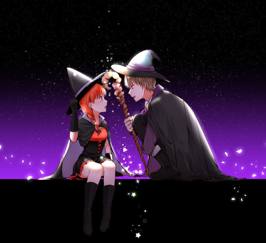 1boy 1girl black_cape black_footwear black_gloves black_hat black_pants black_skirt blue_eyes boots braid brown_hair cape corset doruje elbow_gloves eye_contact from_side full_body gintama gloves hair_over_shoulder hand_on_headwear hat hat_ribbon holding holding_staff kagura_(gintama) long_hair looking_at_another miniskirt okita_sougo open_mouth orange_hair pants pleated_skirt purple_ribbon red_eyes red_shirt ribbon shirt single_braid sitting skirt sky squatting staff star_(sky) starry_sky witch witch_hat