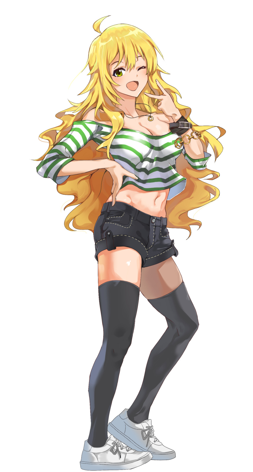 1girl ;d absurdres ahoge black_legwear black_shorts blonde_hair bracelet breasts cleavage collarbone curly_hair full_body gimnang green_eyes hand_on_hip highres hoshii_miki idolmaster idolmaster_(classic) jewelry long_hair looking_at_viewer medium_breasts midriff navel necklace off-shoulder_shirt one_eye_closed open_mouth shiny shiny_hair shirt shoes short_shorts shorts simple_background smile sneakers solo standing stomach striped striped_shirt thigh-highs v very_long_hair white_background white_footwear zettai_ryouiki