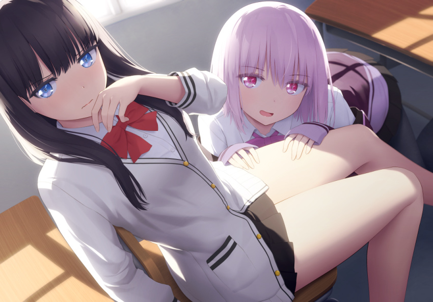&gt;:( 2girls all_fours bangs black_hair black_legwear black_skirt blue_eyes blush bow cardigan closed_mouth collared_shirt commentary_request eyebrows_visible_through_hair frown haribote_(tarao) indoors jacket lavender_hair long_hair long_sleeves looking_at_another multiple_girls off_shoulder open_mouth pantyhose pleated_skirt purple_jacket red_bow red_neckwear school_uniform shinjou_akane shirt short_hair sitting skirt sleeves_past_wrists smile ssss.gridman sweater takarada_rikka thigh_grab thighs white_cardigan white_shirt white_sweater yuri