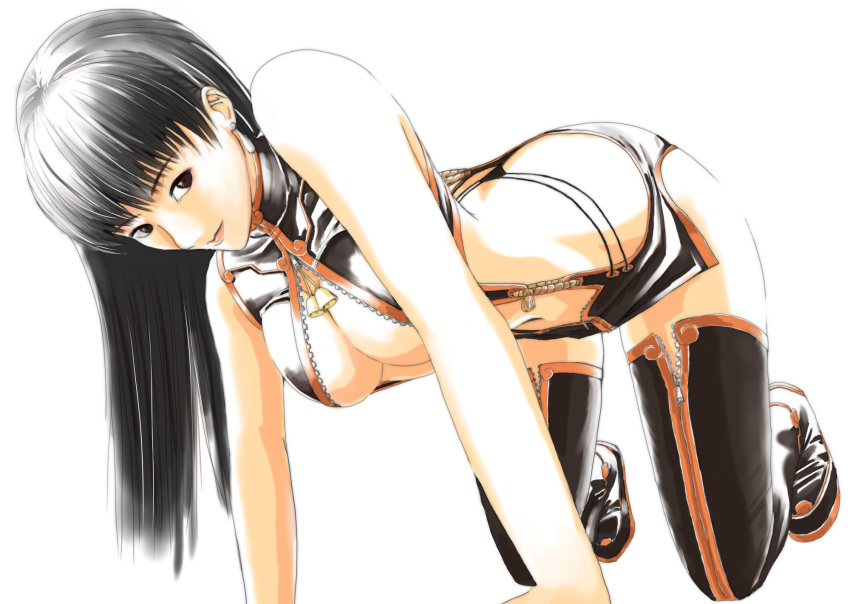 1girl all_fours bell black_footwear black_hair breasts brown_eyes center_opening dead_or_alive eyebrows_visible_through_hair hair_down highres lei_fang long_hair medium_breasts navel revealing_clothes simple_background smile solo unzipped user_tggn7272 zipper