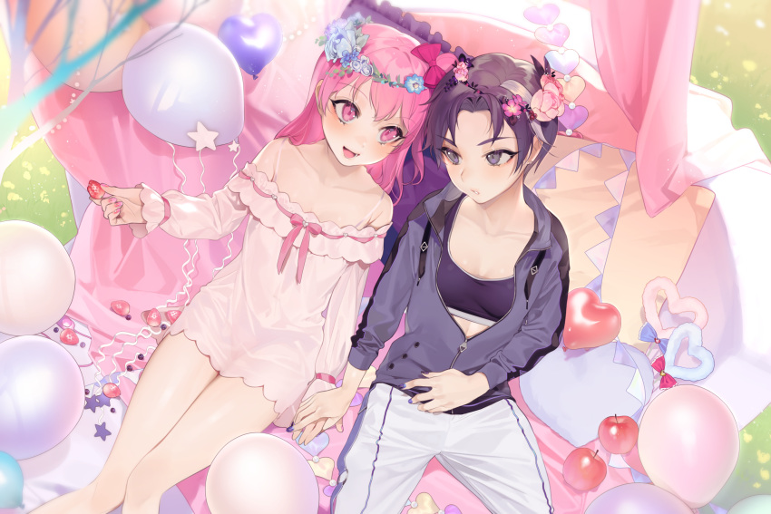 2girls :d balloon bare_shoulders blush breasts casey_(shining_star) flower food fruit hand_holding head_wreath highres jacket long_hair multiple_girls nail_polish ohisashiburi open_mouth pink_eyes pink_hair pink_nails purple_hair purple_nails shining_star short_hair sitting small_breasts smile strawberry tomboy violet_eyes