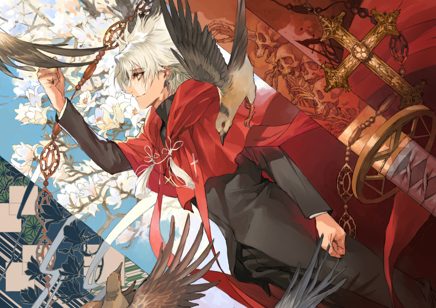 1boy absurdres amakusa_shirou_(fate) arm_up bangs bird black_jacket black_legwear brown_eyes cape closed_mouth cross cross_necklace dark_skin earrings eyebrows_visible_through_hair fate/grand_order fate_(series) flying hair_between_eyes highres jacket jewelry necklace seomouse short_hair skeleton skull smile stole sword tassel weapon white_hair