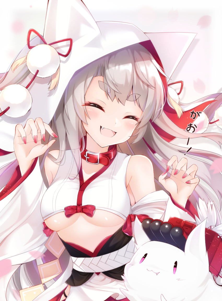 1girl :3 :d ^_^ animal_hood azur_lane bangs bare_shoulders belt_buckle belt_collar black_panties blush breasts buckle cherry_blossoms claw_pose closed_eyes closed_eyes collar commentary_request creature detached_sleeves eyebrows_visible_through_hair eyelashes fang glint highres hip_vent hood japanese_clothes long_hair long_sleeves medium_breasts nail_polish nya_rl open_mouth panties petals pom_pom_(clothes) red_nails red_ribbon ribbon shide silver_hair smile solo thick_eyebrows torpedo_tubes under_boob underboob_cutout underwear upper_body white_background wide_sleeves yuudachi_(azur_lane)