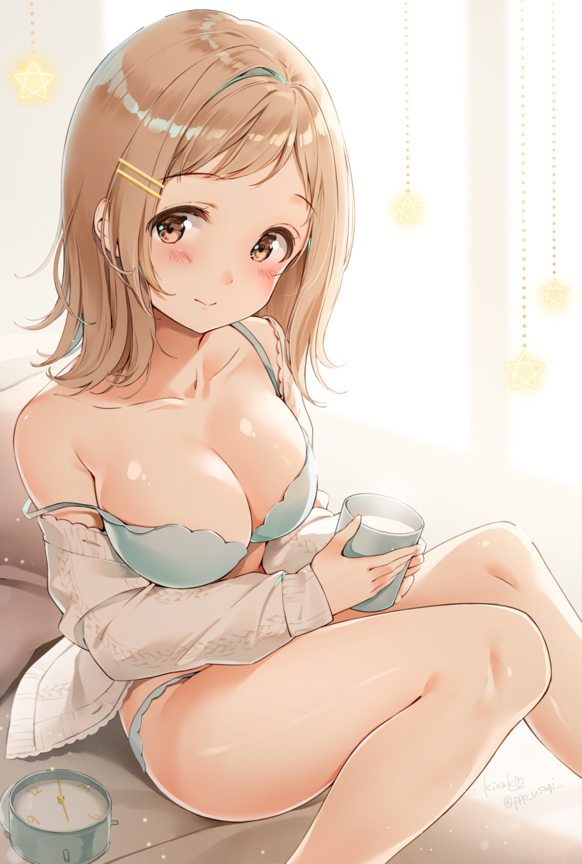 1girl analog_clock bangs bare_shoulders blue_bra blue_panties blush bra breasts brown_eyes cardigan clock closed_mouth collarbone commentary_request cup hair_ornament hairclip highres hips idolmaster idolmaster_shiny_colors light_brown_hair long_hair looking_at_viewer medium_breasts open_cardigan open_clothes panties sakuragi_mano shiratama_akane sitting solo star sweater swept_bangs thighs underwear white_sweater