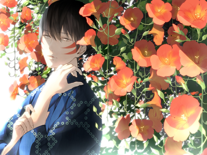 1boy blue_kimono brown_eyes brown_hair closed_mouth commentary_request expressionless facial_mark flower hair_between_eyes hanaen highres japanese_clothes kimono looking_at_viewer male_focus orange_flower original solo trumpet_creeper upper_body