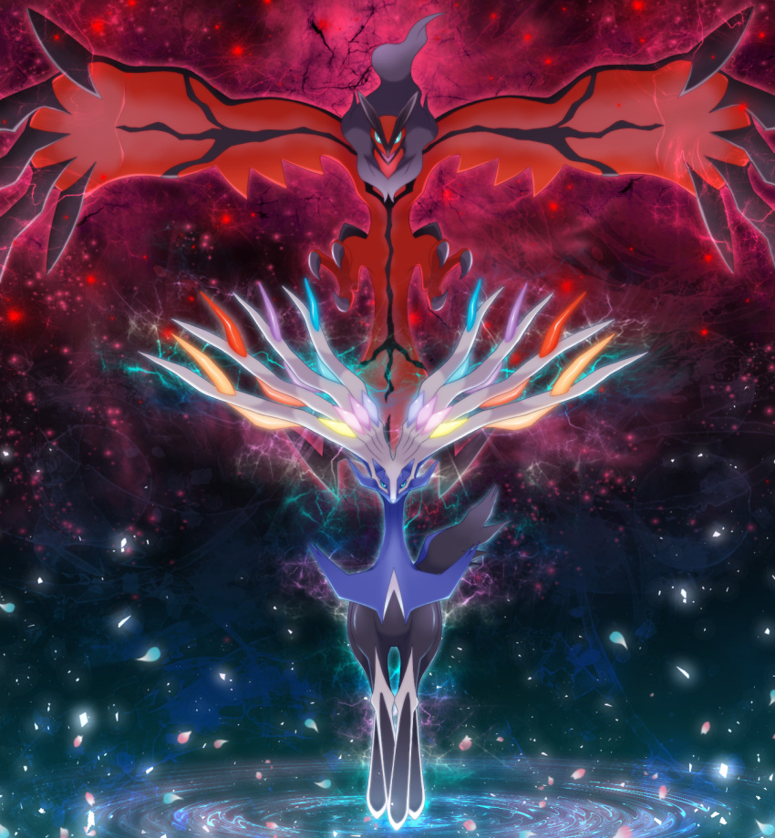 creatures_(company) game_freak gen_6_pokemon highres legendary_pokemon looking_at_viewer maiko_(mimi) nintendo no_humans outstretched_arm petals pokemon pokemon_(creature) pokemon_(game) pokemon_xy xerneas yveltal