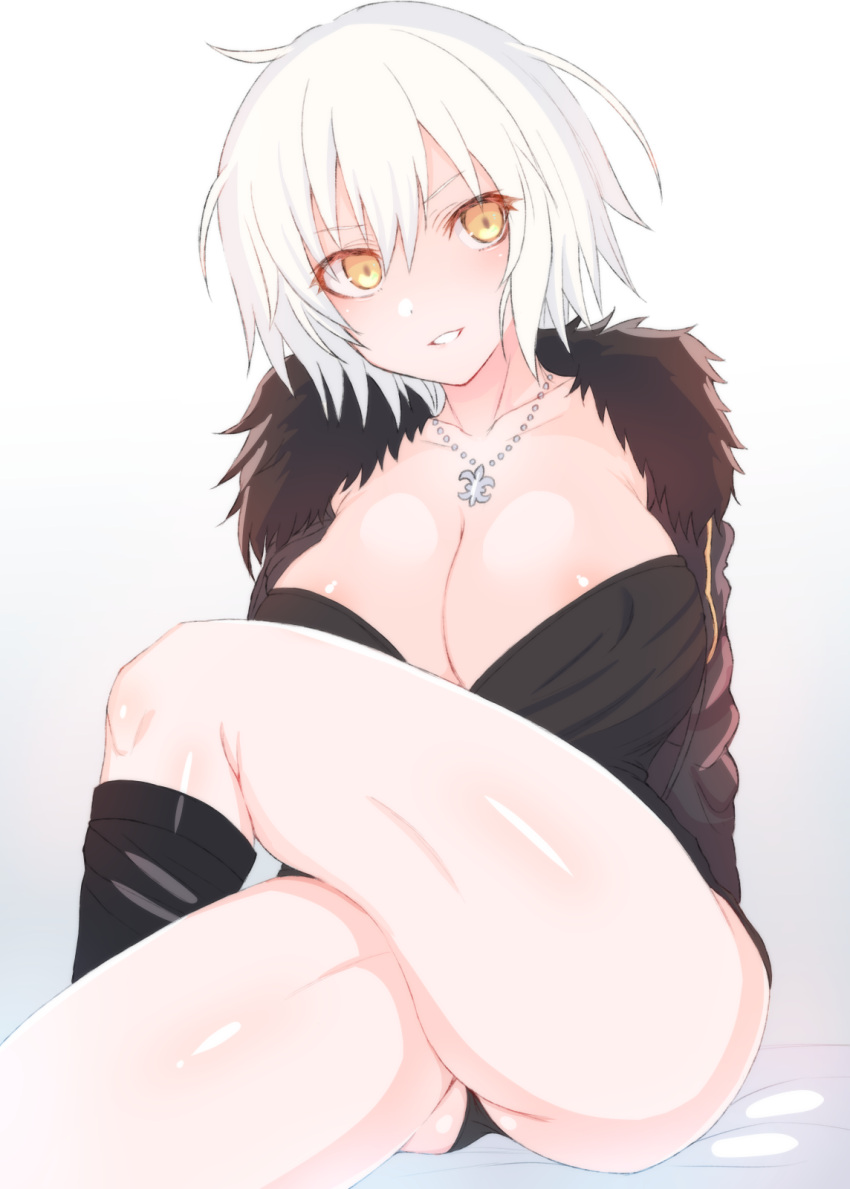 1girl ass black_panties boots breasts fate/grand_order fate_(series) fur_trim grin highres jeanne_d'arc_(alter)_(fate) jeanne_d'arc_(fate)_(all) large_breasts legs_crossed looking_at_viewer makabe_gorou panties short_hair smile solo underwear white_hair wicked_dragon_witch_ver._shinjuku_1999 yellow_eyes