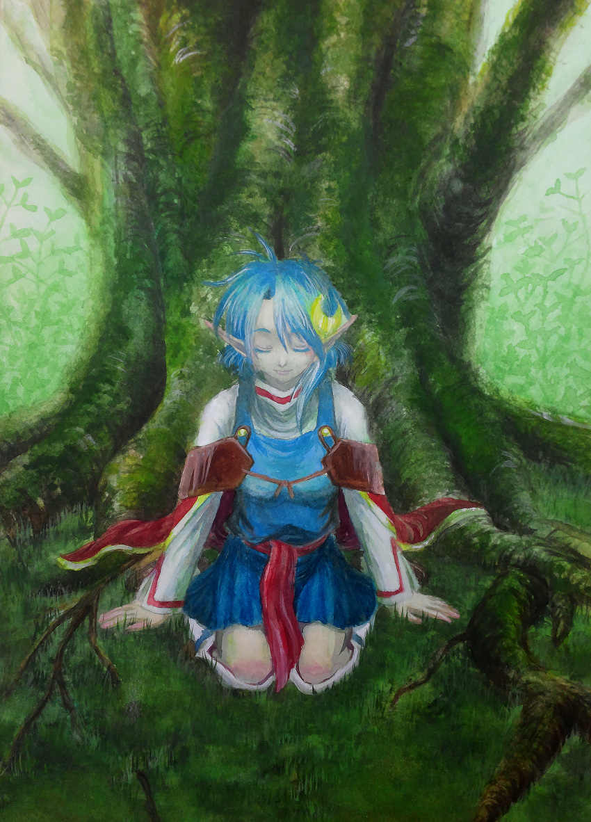1girl ahoge blue_hair blue_skirt breasts cape commentary_request crescent crescent_hair_ornament graphite_(medium) grass hair_ornament highres medium_hair pointy_ears red_cape rena_lanford skirt sleeping smile solo star_ocean star_ocean_the_second_story traditional_media tree watercolor_(medium) white_legwear