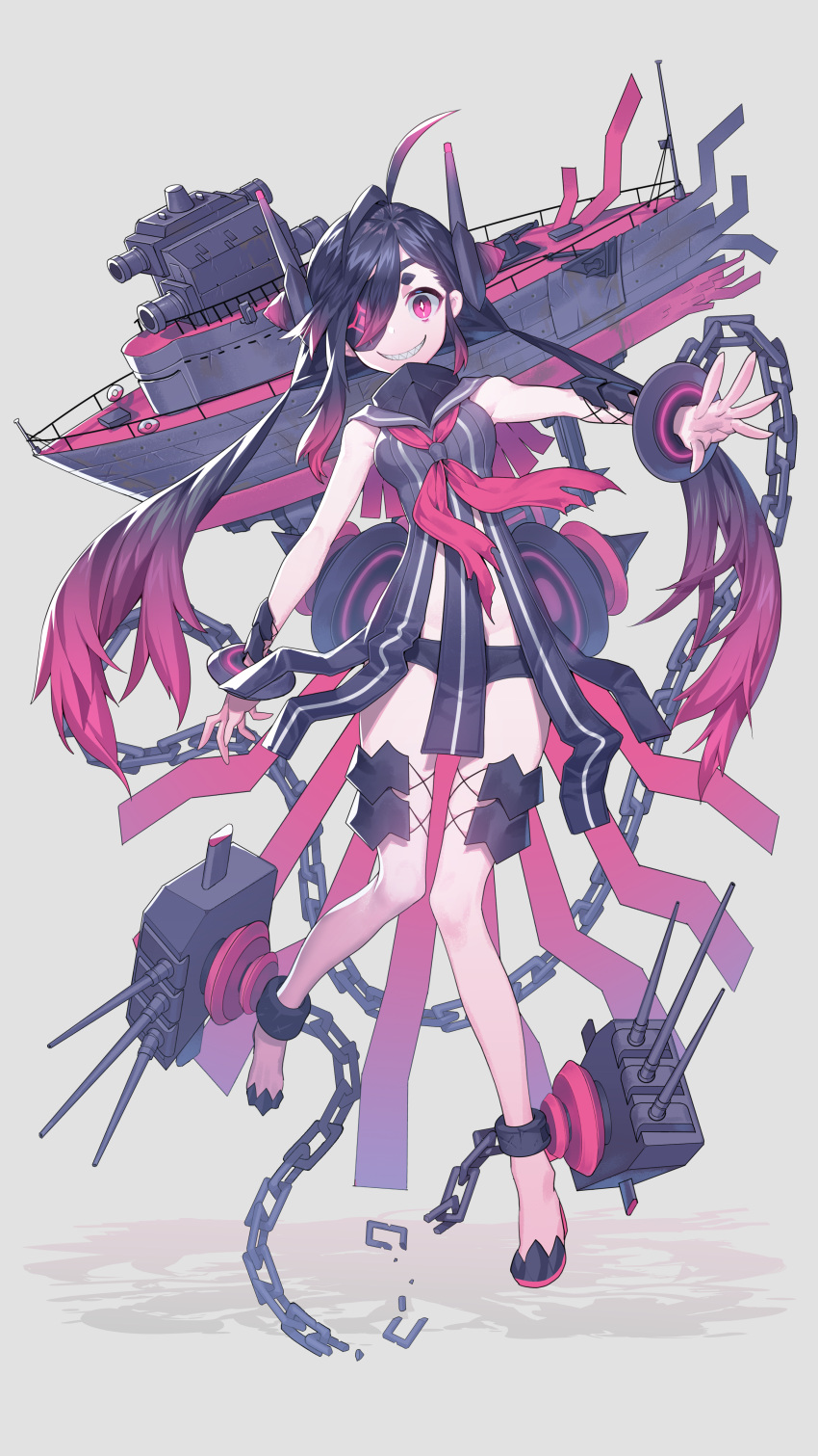 1girl absurdres antenna_hair bare_shoulders black_hair black_shorts boots breasts broken broken_chain cannon chain chains commentary_request copyright_request cuffs devy dress evil_grin evil_smile eyepatch gradient_hair grey_background grey_dress grey_sailor_collar grin headgear highres leaning_to_the_side long_hair mecha_musume multicolored_hair outstretched_arm pink_footwear red_eyes red_neckwear redhead sailor_collar sailor_dress shadow sharp_teeth short_shorts shorts sleeveless sleeveless_dress small_breasts smile solo standing standing_on_one_leg teeth turret twintails very_long_hair