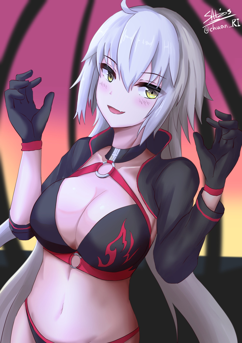 absurdres black_gloves blush breasts brown_hair cleavage collarbone dutch_angle fate/grand_order fate_(series) gloves grey_hair groin hair_between_eyes highres ichikawayan jeanne_d'arc_(alter)_(fate) jeanne_d'arc_(fate) jeanne_d'arc_(fate)_(all) large_breasts long_hair navel shrug_(clothing) yellow_eyes