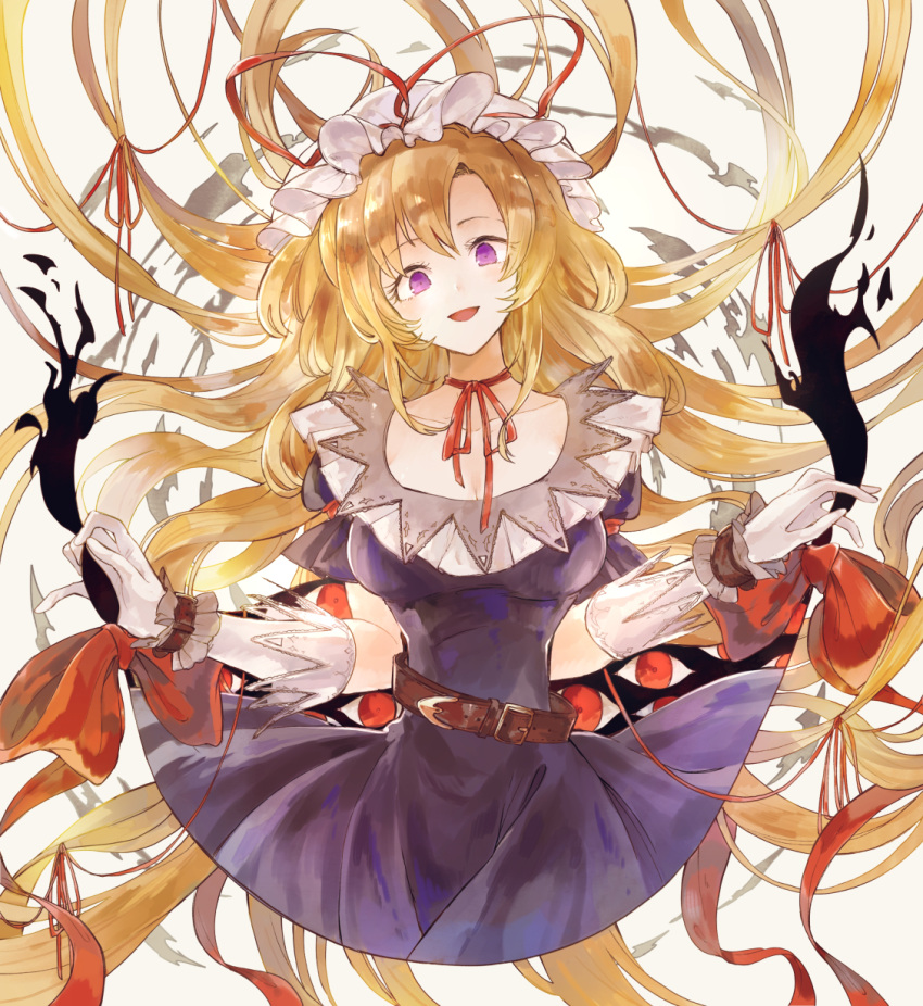 1girl belt blonde_hair bow breasts commentary_request dress elbow_gloves frilled_wrist_cuffs frills gap gloves hat hat_ribbon highres hisona_(suaritesumi) long_hair looking_at_viewer mob_cap open_mouth purple_dress red_bow red_eyes red_neckwear red_ribbon ribbon smile solo touhou very_long_hair violet_eyes wrist_cuffs yakumo_yukari