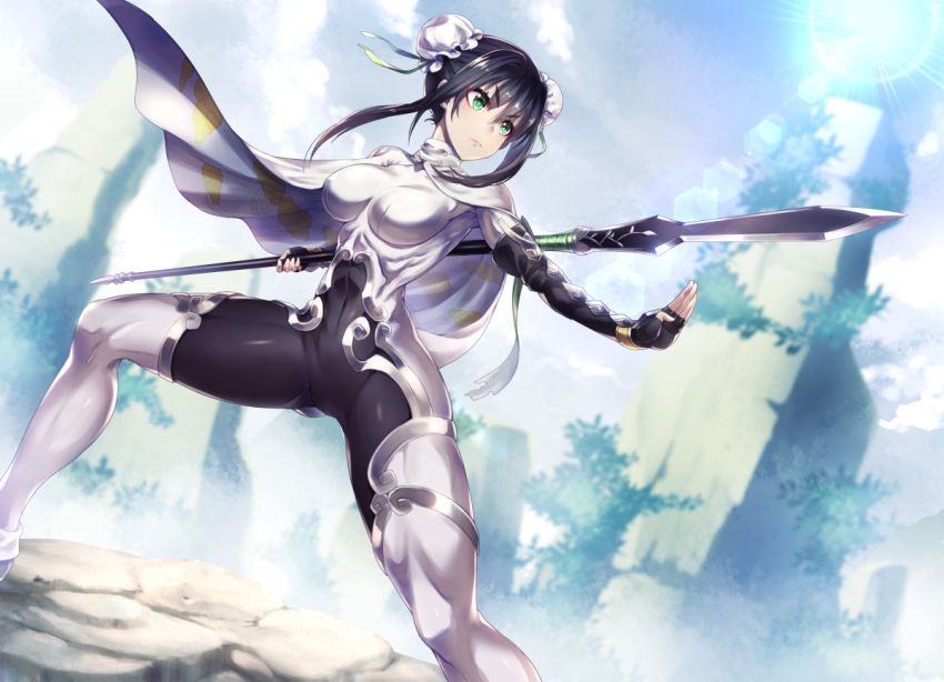 1girl bodysuit breasts bun_cover chinese_clothes covered_navel double_bun fate/grand_order fate_(series) fighting_stance fingerless_gloves gloves green_eyes hair_between_eyes polearm qin_liangyu_(fate) solo spear tomoyohi weapon