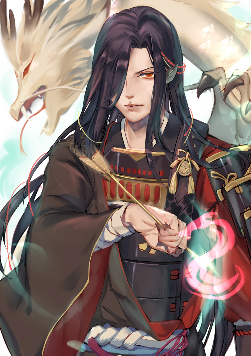 1boy absurdres animal_ears armor arrow artist_request black_hair brown_eyes hair_over_one_eye highres ichimokuren_(onmyoji) japanese_armor long_hair looking_at_viewer male_focus onmyoji solo standing very_long_hair white_background wide_sleeves