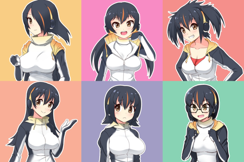 6+girls alternate_costume alternate_hair_length alternate_hairstyle black_hair blush color_switch commentary_request cosplay emperor_penguin_(kemono_friends) emperor_penguin_(kemono_friends)_(cosplay) everyone eyebrows_visible_through_hair gentoo_penguin_(kemono_friends) glasses hair_over_one_eye headphones highlights hood hoodie humboldt_penguin_(kemono_friends) kemono_friends long_hair long_sleeves margay_(kemono_friends) multicolored_hair multiple_girls penguins_performance_project_(kemono_friends) redhead rockhopper_penguin_(kemono_friends) royal_penguin_(kemono_friends) short_hair totokichi twintails upper_body white_hair