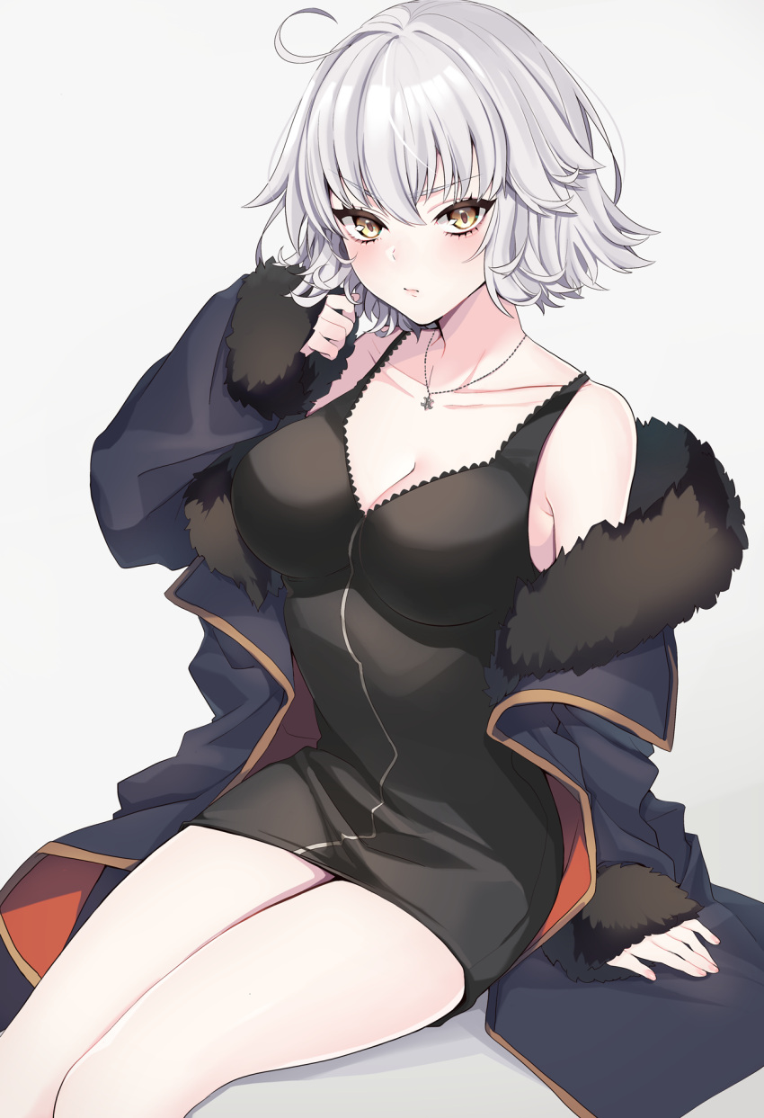 ahoge bangs black_dress blush breasts cape cleavage closed_mouth collarbone commentary_request dress eyebrows_visible_through_hair fate/grand_order fate_(series) fur-trimmed_cape fur_collar fur_trim highres jeanne_d'arc_(alter)_(fate) jeanne_d'arc_(fate)_(all) jewelry large_breasts legs looking_at_viewer necklace neko-san_(dim.dream) off_shoulder pale_skin short_dress short_hair silver_hair sitting yellow_eyes