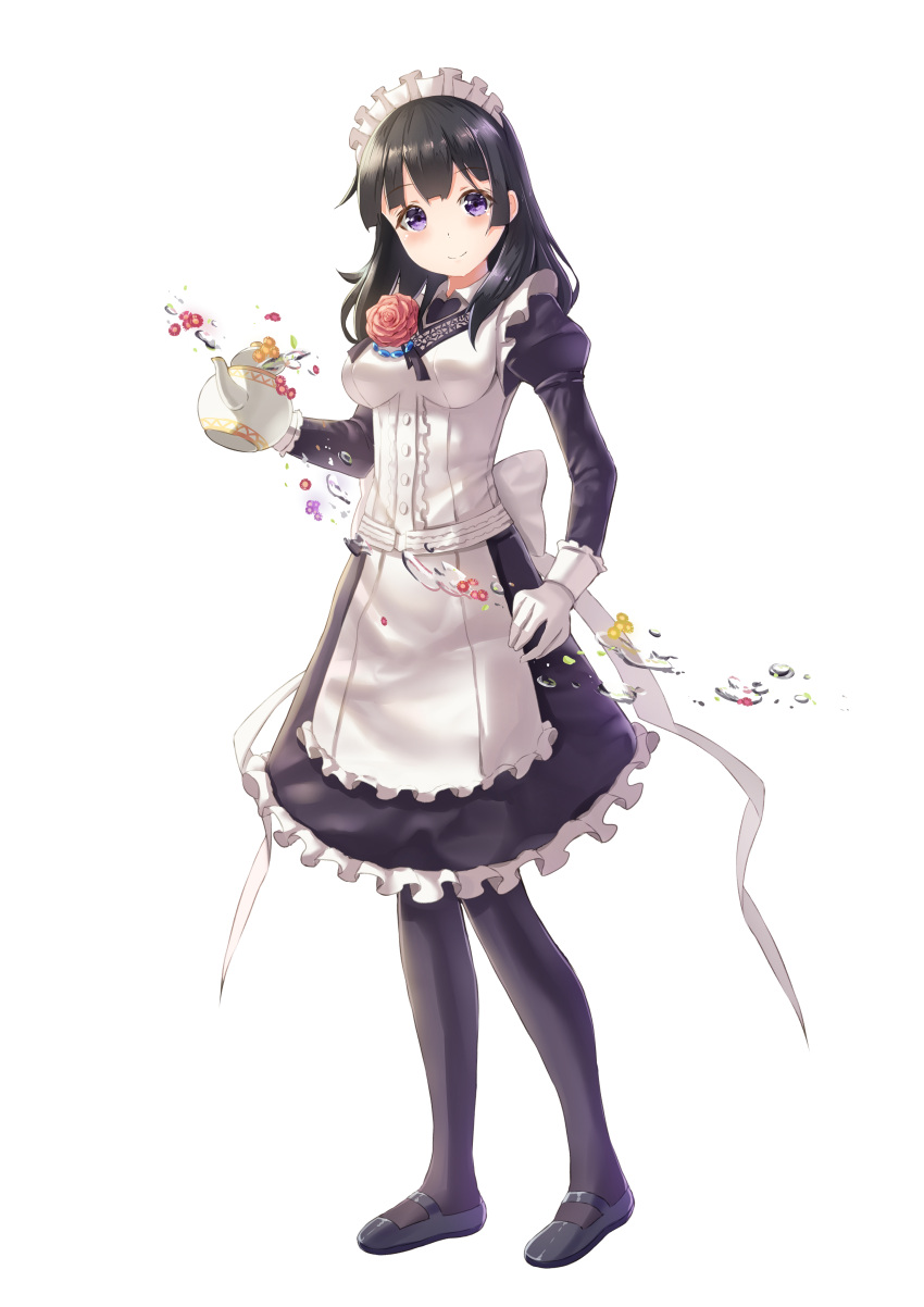 1girl absurdres akiba's_trip apron bangs black_dress black_footwear black_hair blush breasts brown_legwear center_frills character_request closed_mouth commentary_request cup dress eyebrows_visible_through_hair flower frilled_apron frilled_dress frills full_body gloves heart highres holding holding_teapot holmemee juliet_sleeves long_hair long_sleeves maid maid_headdress medium_breasts pantyhose pink_flower pink_rose puffy_sleeves ribbon rose shoes simple_background smile solo standing teacup violet_eyes water white_apron white_background white_gloves white_ribbon