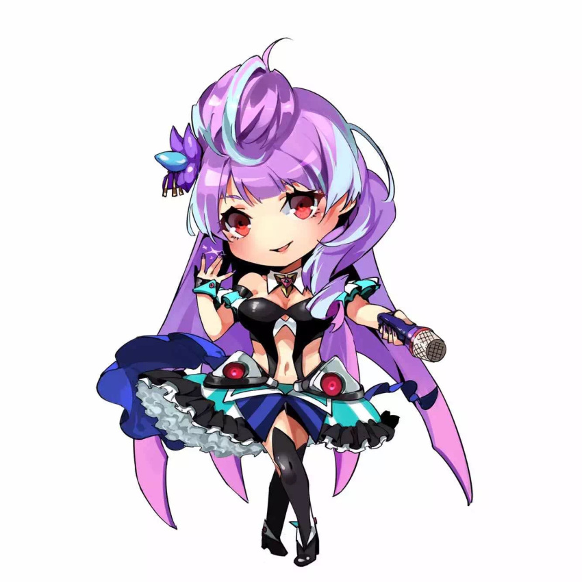 1girl :d black_legwear breasts chibi choker cleavage full_body highlights highres holding holding_microphone long_hair looking_at_viewer macross macross_delta medium_breasts microphone midriff mikumo_guynemer mizukiyan multicolored_hair navel open_mouth purple_hair red_eyes shiny shiny_hair simple_background smile solo standing stomach thigh-highs tied_hair very_long_hair white_background