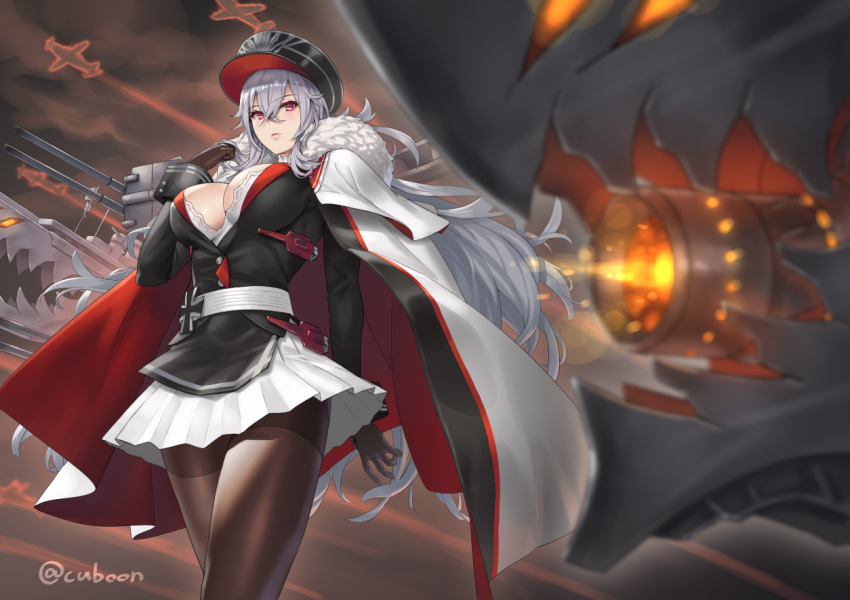 1girl azur_lane bangs black_legwear breasts cannon charging_(attack) cleavage cuboon eyebrows_visible_through_hair fur_trim gloves graf_zeppelin_(azur_lane) hair_between_eyes hat iron_cross large_breasts long_hair looking_at_viewer military military_uniform pantyhose peaked_cap pleated_skirt red_eyes rigging shirt sidelocks silver_hair skirt solo turret uniform very_long_hair white_shirt