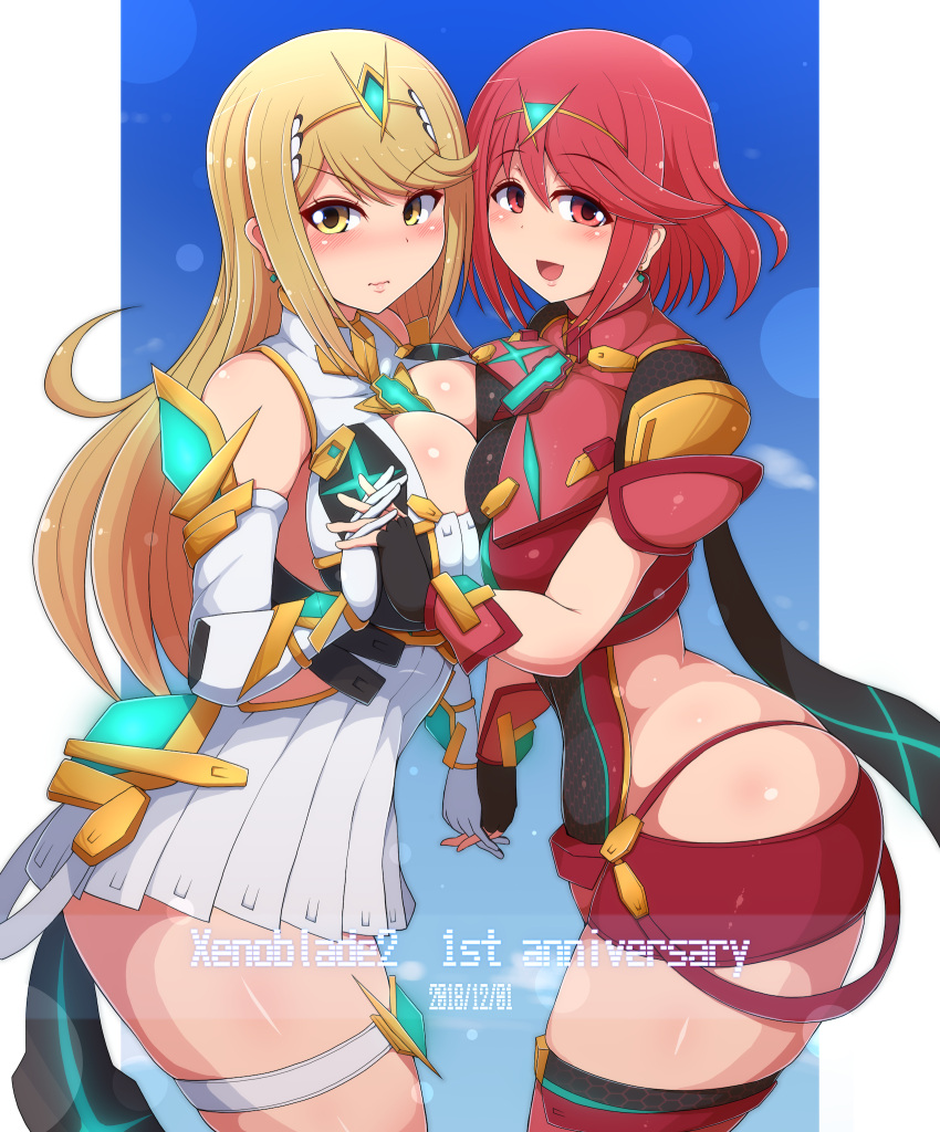 2girls anniversary bare_shoulders blonde_hair breast_press breasts circlet cleavage commentary_request earrings elbow_gloves fingerless_gloves gloves highres jewelry large_breasts long_hair mythra_(xenoblade) nintendo ponpo pyra_(xenoblade) red_eyes redhead short_hair skindentation symmetrical_docking thick_thighs thigh_strap thighs xenoblade xenoblade_(series) xenoblade_2 yellow_eyes