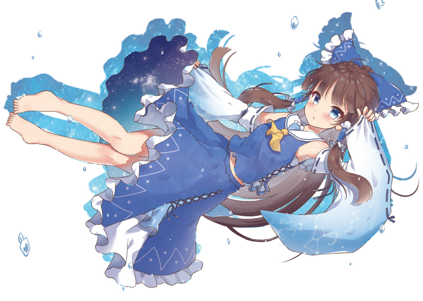 1girl ahoge air_bubble alternate_color alternate_eye_color arm_up armpits ascot bare_shoulders barefoot beni_kurage blue_bow blue_eyes blue_skirt blush bow brown_hair bubble commentary_request cross-laced_clothes detached_sleeves frilled_bow frills full_body hair_bow hair_tubes hakurei_reimu highres long_hair long_sleeves looking_at_viewer midriff_peek petticoat player_2 ribbon-trimmed_sleeves ribbon_trim sidelocks silhouette simple_background skirt skirt_set solo touhou very_long_hair white_background wide_sleeves yellow_neckwear