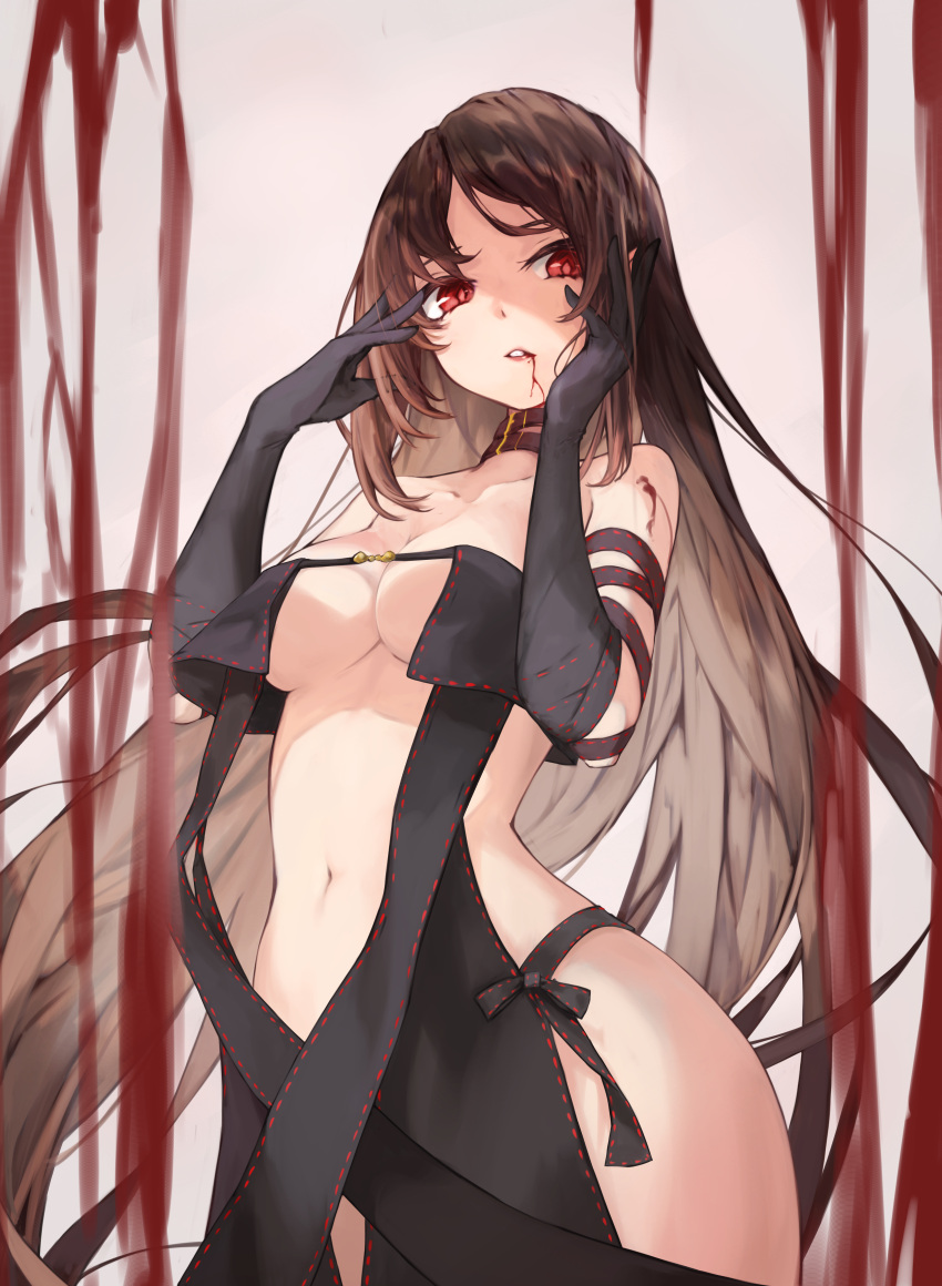 1girl absurdres bangs bare_shoulders black_dress black_gloves blood blood_from_mouth breasts brown_hair center_opening choker collarbone consort_yu_(fate) dress elbow_gloves fate/grand_order fate_(series) gloves hands_on_own_cheeks hands_on_own_face highres hips koki_1009 long_hair looking_at_viewer medium_breasts navel red_eyes solo very_long_hair