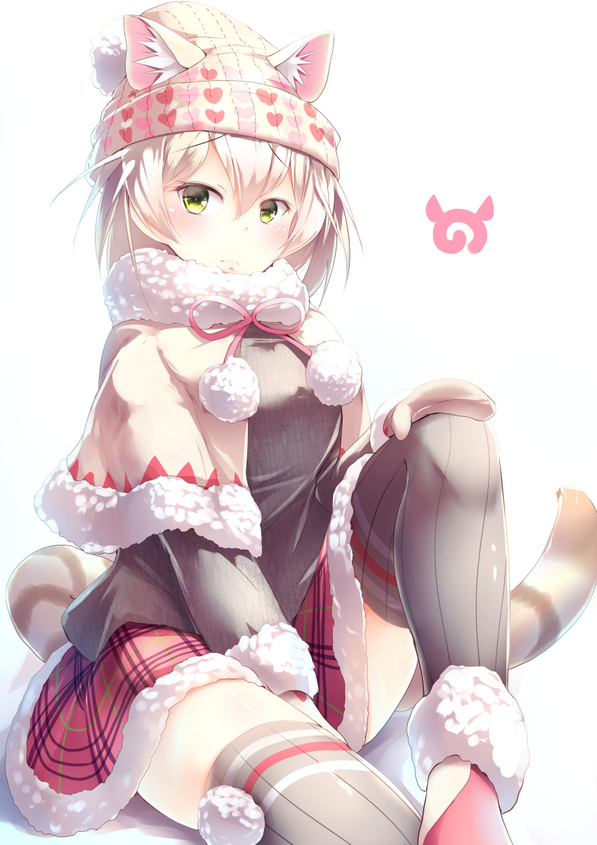 1girl absurdres alternate_costume animal_ears between_legs blonde_hair capelet cat_(kemono_friends) cat_ears cat_tail commentary_request drawstring ears_through_headwear eyebrows_visible_through_hair frown fur-trimmed_capelet fur-trimmed_footwear fur-trimmed_skirt fur-trimmed_sleeves fur_collar fur_trim green_eyes hair_between_eyes hand_between_legs hand_on_own_knee hat heart heart_print highres japari_symbol kanzakietc kemono_friends long_sleeves looking_at_viewer mittens plaid plaid_skirt pom_pom_(clothes) shoes simple_background sitting skirt skirt_tug solo tail thigh-highs white_background winter_clothes zettai_ryouiki