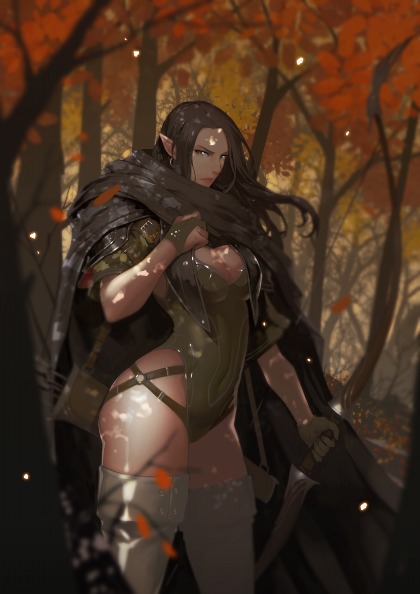 1girl arrow autumn autumn_leaves belt black_hair blue_eyes boots bow bow_(weapon) breasts bridal_gauntlets cape covered_navel earrings elf falling_leaves forest high_heel_boots high_heels highres hong_soon-jae hoop_earrings jewelry large_breasts leaf leotard lips long_hair looking_at_viewer nature original pointy_ears puffy_sleeves quiver serious shadow simple_background solo thigh-highs thigh_boots tree very_long_hair weapon white_background