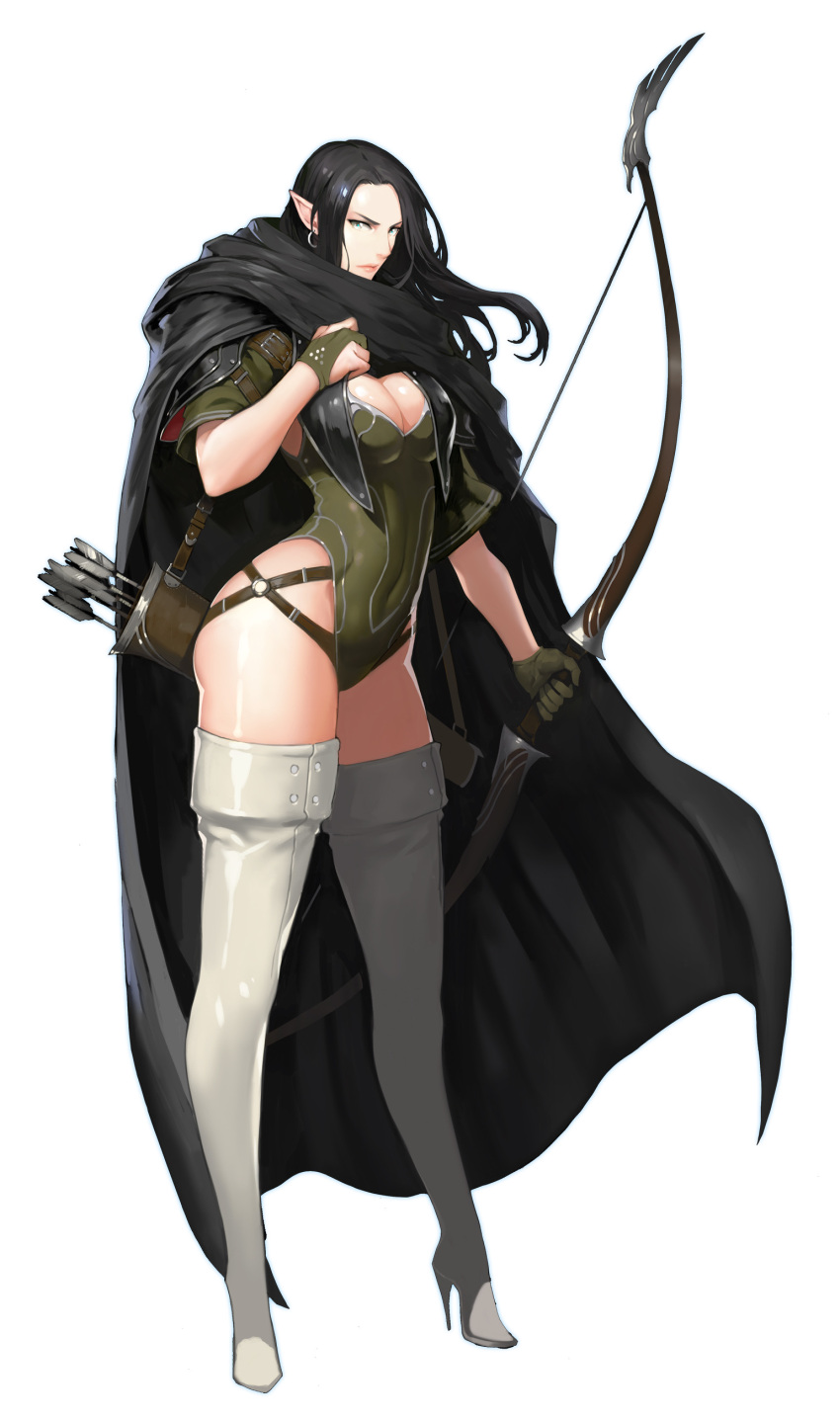 1girl absurdres arrow belt black_hair blue_eyes boots bow bow_(weapon) breasts bridal_gauntlets cape covered_navel earrings elf full_body high_heel_boots high_heels highres hong_soon-jae hoop_earrings jewelry large_breasts leotard lips long_hair looking_at_viewer original pointy_ears puffy_sleeves quiver serious simple_background solo thigh-highs thigh_boots very_long_hair weapon white_background